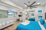 Tray ceiling, wood-finish flooring, multi-blade ceiling fan, and mirrored sliding-door closet