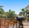 Elevated deck featuring synthetic composite decking, vertical wood-finish railing, and mature palm trees