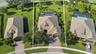 Aerial perspective featuring a paved driveway, a multi-gabled roof, an enclosed screened-in pool, and extensive lawn landscaping