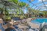 Screened-in lanai featuring a paver deck, built-in swimming pool with elevated spa, and surrounding mature palm trees