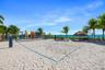 Sand volleyball court featuring a permanent net system, thatched-roof palapa, and mature palm trees situated on a private beach