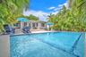 Rectangular in-ground swimming pool with integrated tiered entry steps and stone paver decking, surrounded by mature palm trees