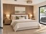 Vertical wood-slat accent wall, sliding glass door, and woven drum ceiling fixture