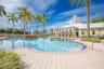 Swimming pool featuring a sun shelf entry, brick paver coping, and a central landscaped island with palm trees