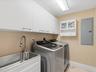 Laundry area featuring white shaker-style wall cabinets, a stainless steel utility sink with a high-arch pull-down faucet, and a wall-mounted glass-fr