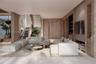 Open-concept living space featuring wood-paneled walls, floor-to-ceiling custom built-in cabinetry, an open-riser wood staircase, and expansive window