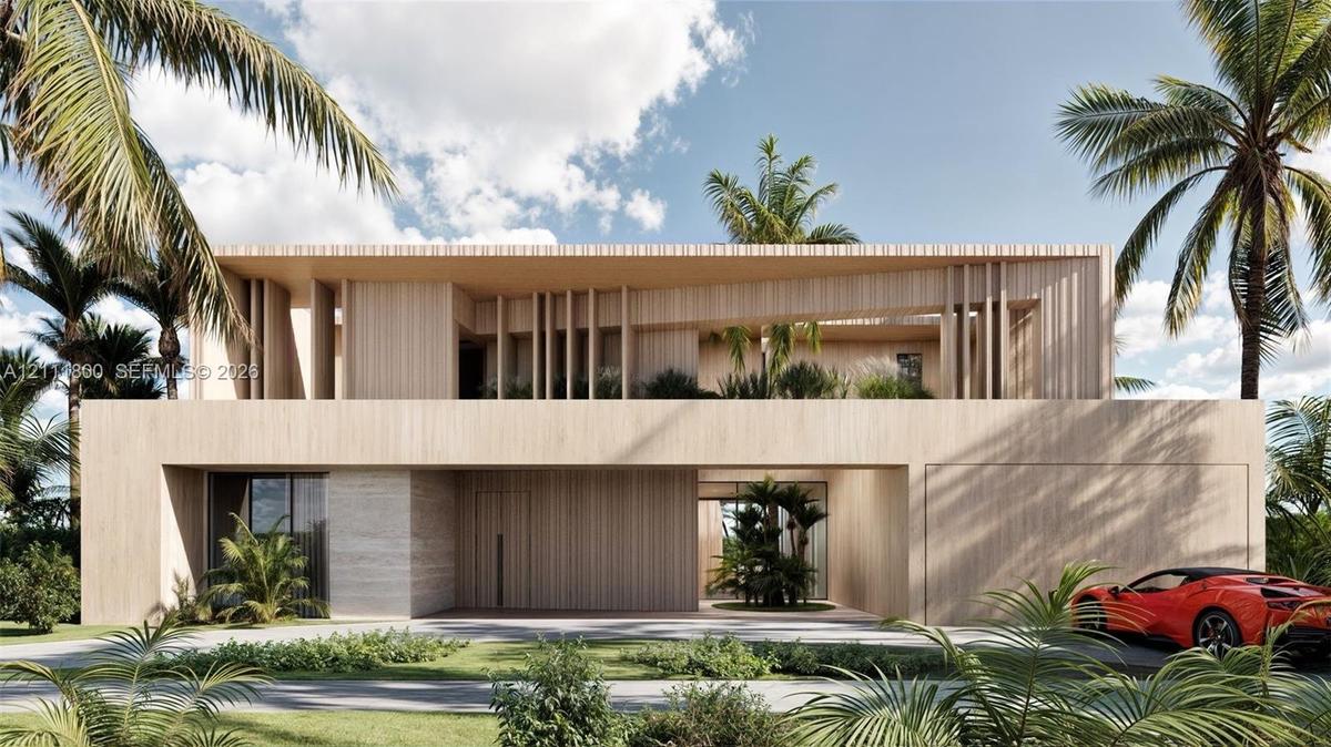 Contemporary two-story exterior featuring light-toned wood cladding, vertical slatted architectural accents, a second-level cantilevered balcony, and 