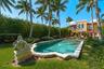 Custom-shaped swimming pool with stone coping, decorative fountain feature, and manicured lawn surrounded by mature palms