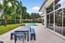 Rear patio featuring expansive concrete decking, in-ground swimming pool, palm trees, and full-height sliding glass doors