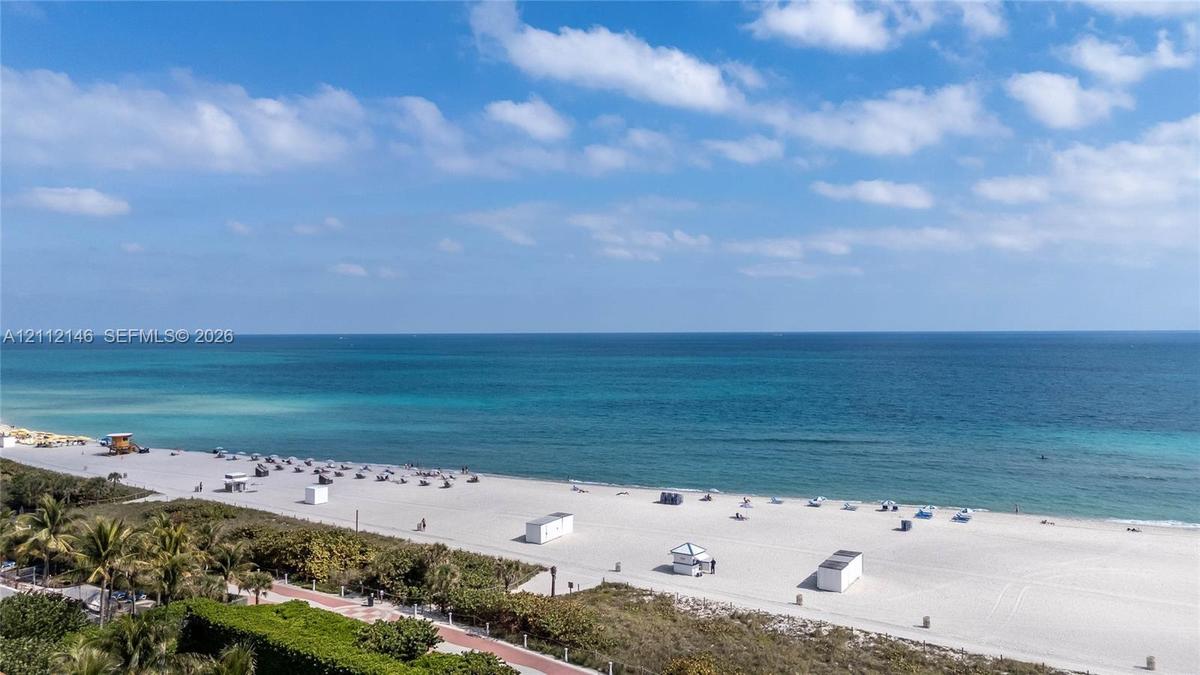 Oceanfront perspective featuring a white sand beach, turquoise water, mature palm trees, and a paved coastal pathway