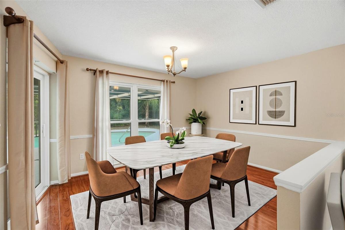 Dining area with pool access.