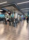 Fitness center featuring wood-finish flooring, a recessed tray ceiling with integrated linear lighting, and wall-to-wall mirrors