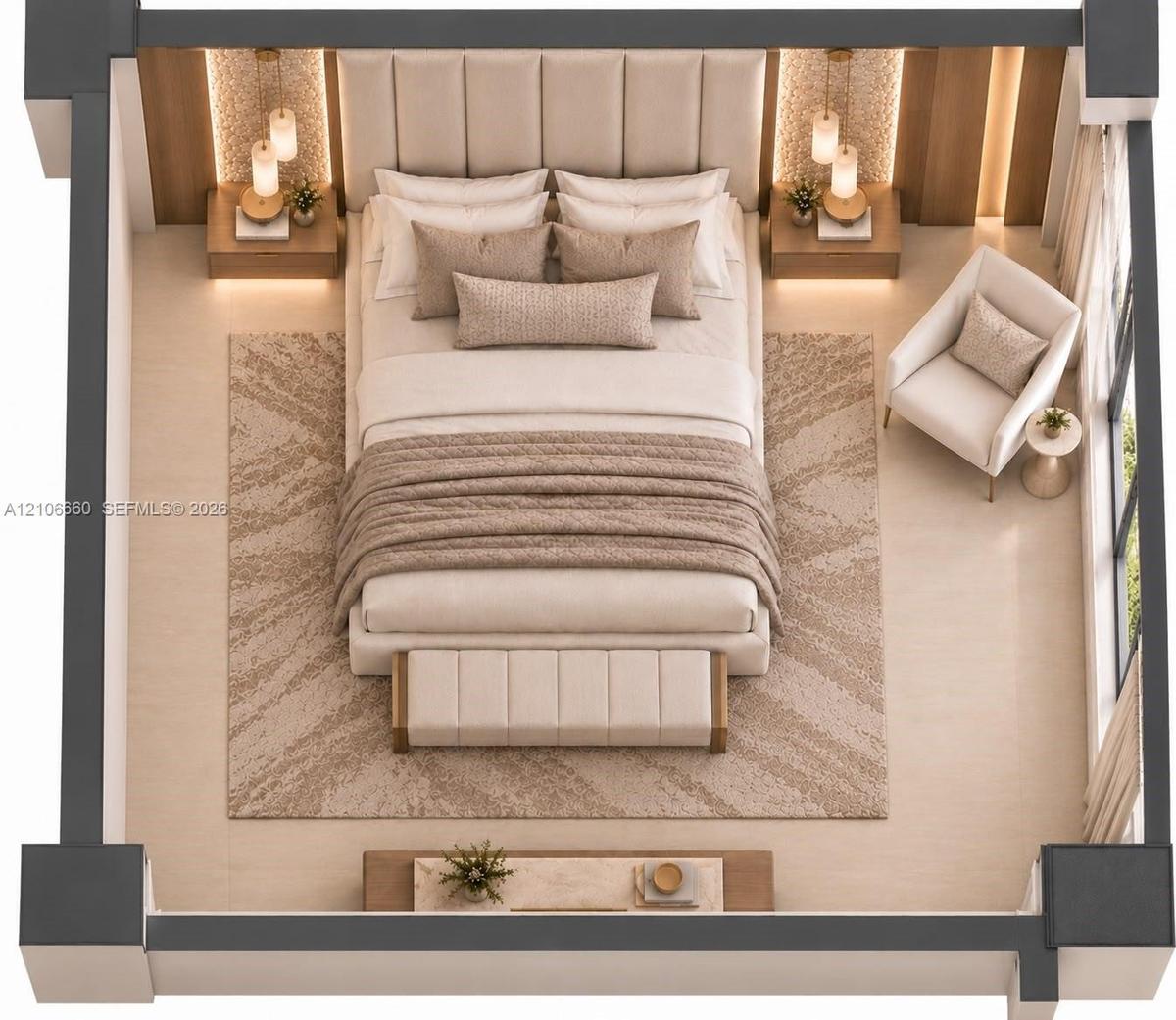 Floor-to-ceiling upholstered headboard, integrated wall paneling, dual built-in bedside tables with pendant lighting, and neutral large-format tile fl