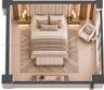 Floor-to-ceiling upholstered headboard, integrated wall paneling, dual built-in bedside tables with pendant lighting, and neutral large-format tile fl
