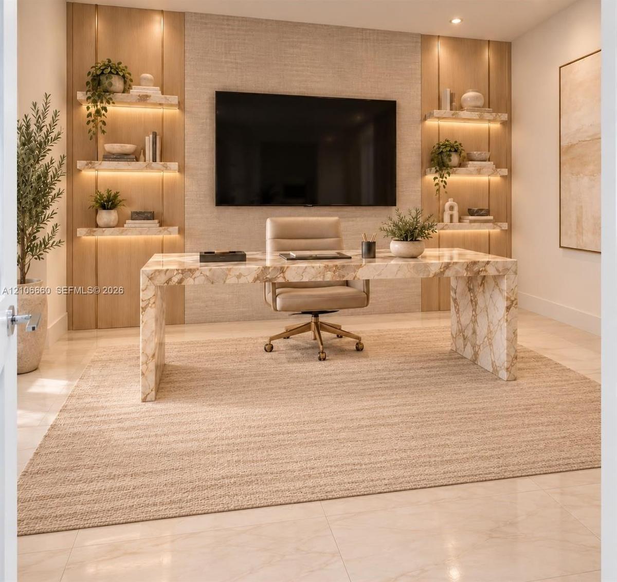 Custom floor-to-ceiling accent wall with integrated wood paneling, textured wall surfacing, and six floating shelves featuring recessed under-shelf li