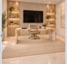Custom floor-to-ceiling accent wall with integrated wood paneling, textured wall surfacing, and six floating shelves featuring recessed under-shelf li
