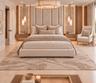 Floor-to-ceiling upholstered headboard, integrated stone accent walls with recessed lighting, suspended wood-finish cabinetry, tiered drum chandelier,