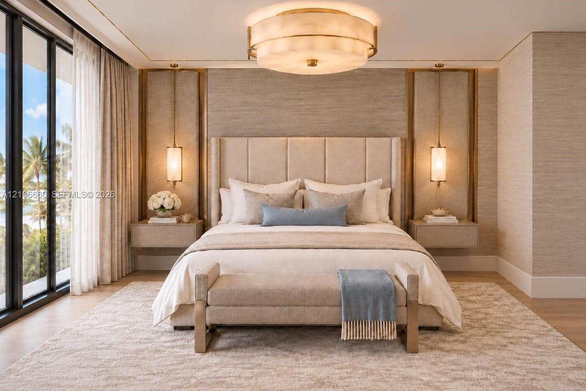 Room featuring floor-to-ceiling windows, dual built-in floating bedside consoles, custom gold-accented wall paneling, pendant lighting, and a tiered c