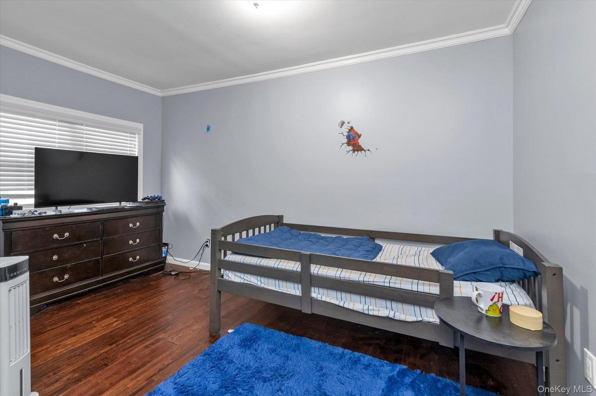 Room featuring dark wood-finish flooring, crown molding, and horizontal slat window blinds