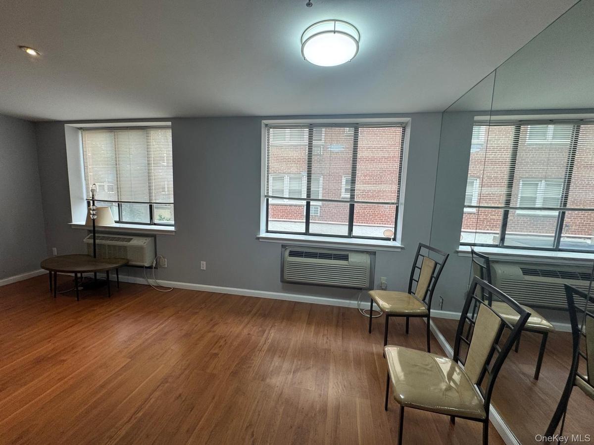 Living area featuring wood-finish flooring, expansive windows, wall-mounted heating and cooling units, a polished floor-to-ceiling mirror wall, and a 