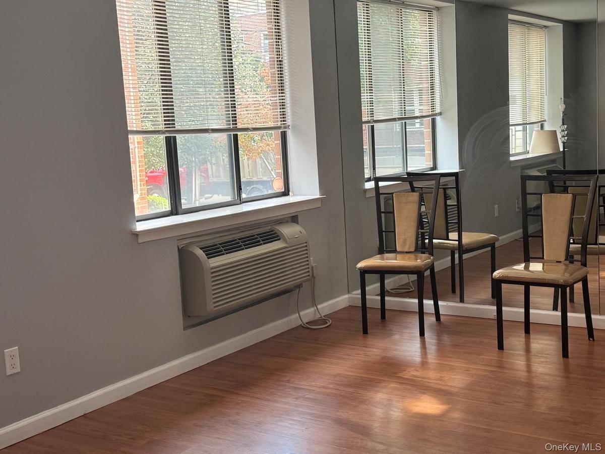 Interior space featuring wood-finish flooring, full-wall mirrors, large windows, and a built-in wall-mounted climate control unit
