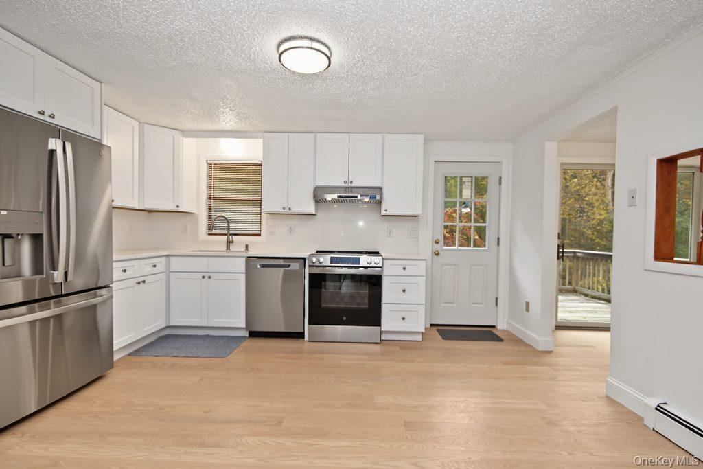 Kitchen featuring white cabinetry, stainless steel appliances, wood-finish flooring, a recessed sink with a pull-down faucet, and a flush-mount light 