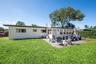 Backyard featuring a paved patio, expansive lawn, perimeter hedge, and mature trees