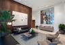High-ceiling interior featuring a floor-to-ceiling wood-panel accent wall, recessed lighting, polished stone flooring, and a decorative mirrored wall 