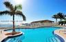 In-ground swimming pool featuring a curved design, built-in steps, and a decorative island with a palm tree, surrounded by a paved deck with perimeter