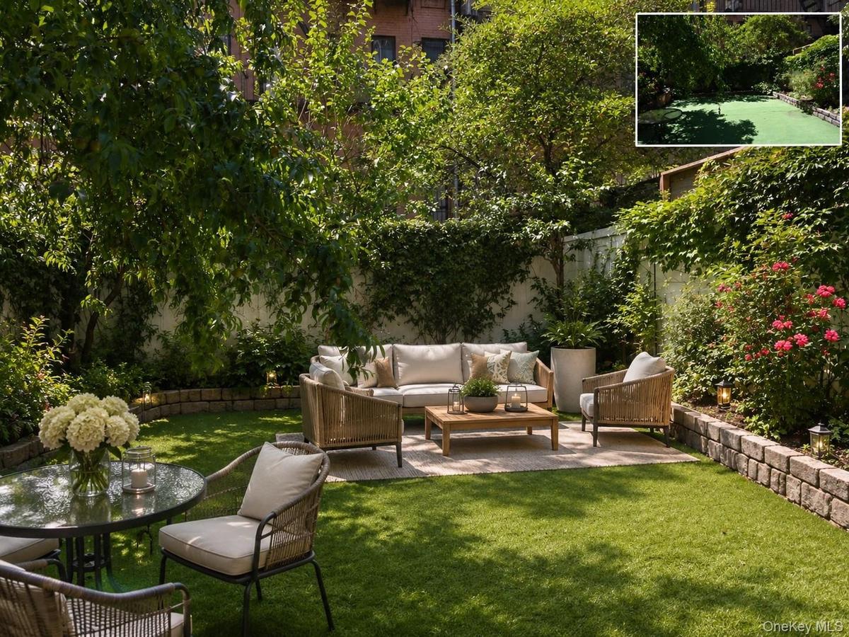 Expansive backyard featuring a lush lawn, a paved patio area, and mature perimeter trees, (virtually staged)