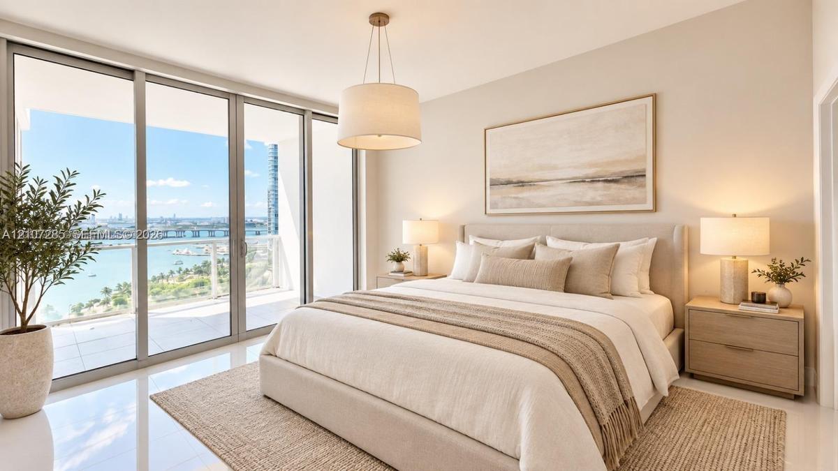 Floor-to-ceiling sliding glass doors, white tile flooring, drum pendant lighting, and a private balcony featuring a water backdrop ( AI used for inter