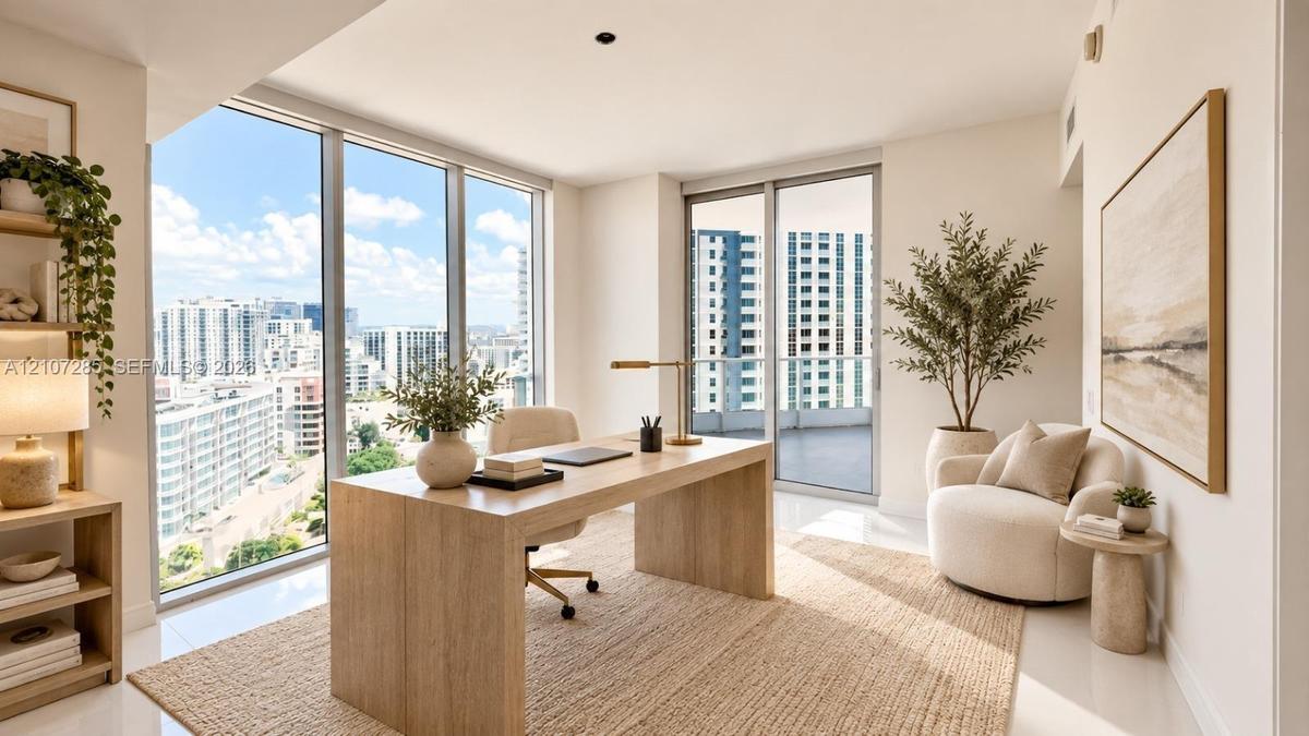 Floor-to-ceiling windows, high-gloss tile flooring, and sliding glass door access to a private balcony ( AI used for interiors )