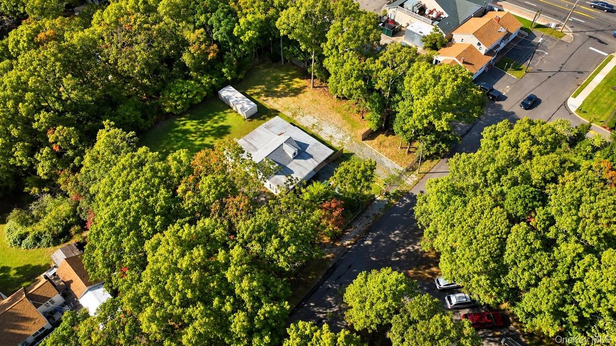 Elevated aerial view showcasing the property's layout.