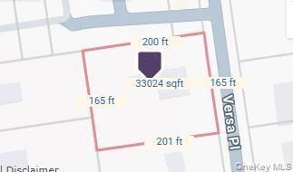Parcel Dimensions Map, tax parcel map depicting approx 33,024 sw feet. 165 feet of Versa Place frontage and 200 depth. Approx dimensions, not a survey
