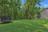 Expansive green lawn with a dense tree line border