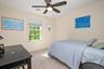 ceiling fan, window with roller shade, and neutral carpeting