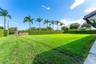 Concrete driveway leading to a multi-panel garage door, set against a manicured lawn with perimeter privacy hedging and mature palm trees