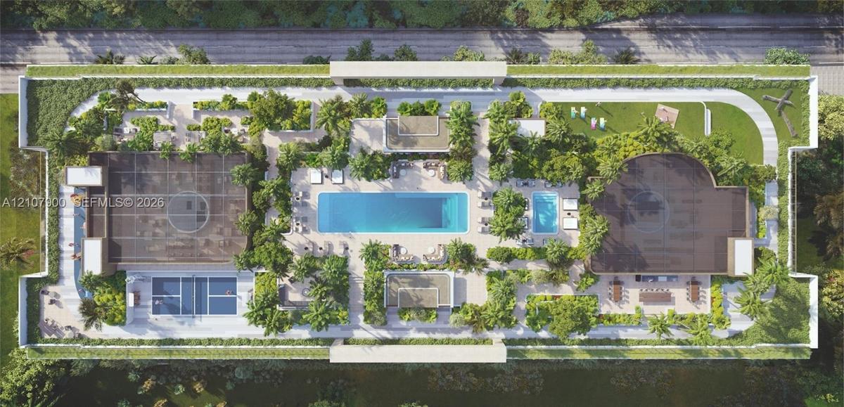 Rooftop amenity deck featuring a swimming pool, separate secondary pool, pickleball court, covered pavilion, and extensive landscaped green spaces