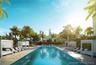 Rectangular swimming pool featuring stone paver decking and mature palm tree landscaping