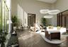 Expansive interior space featuring double-height ceilings, floor-to-ceiling windows with brass-tone frames, textured wall finishes, wide-plank wood-fi