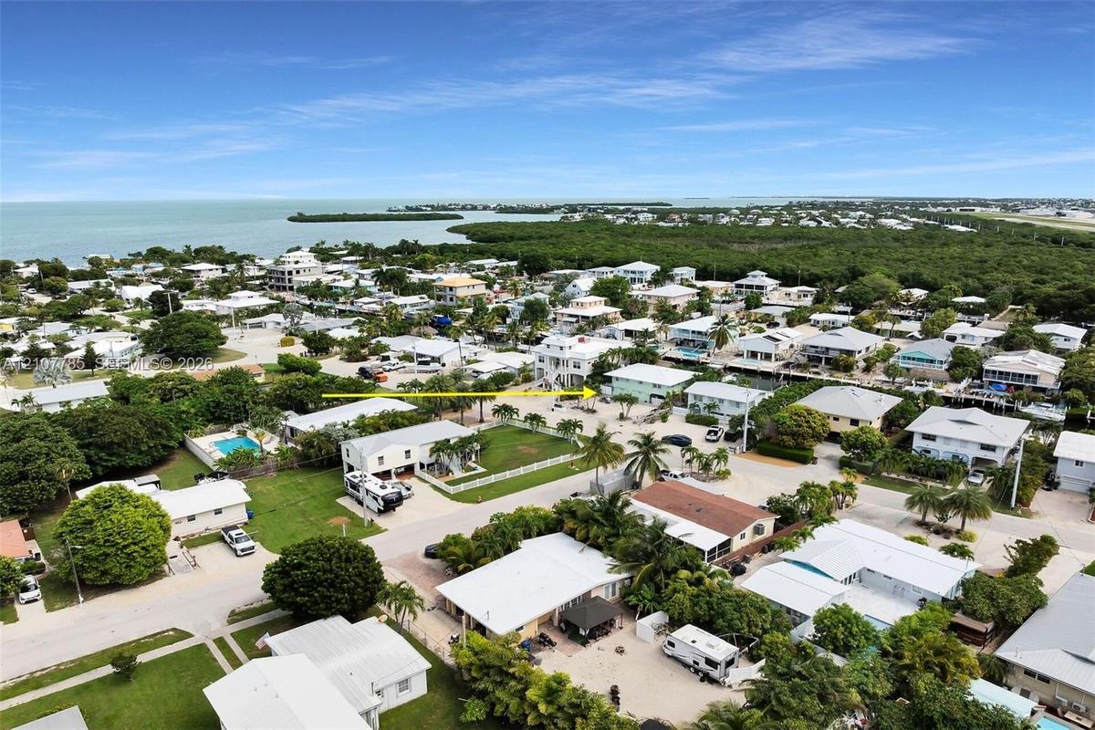 Aerial perspective of a coastal residential neighborhood featuring expansive water, proximity to protected natural areas, palm-dotted landscaping, and