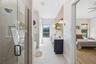 Walk-in shower with double Showerhead/Rain head combo.