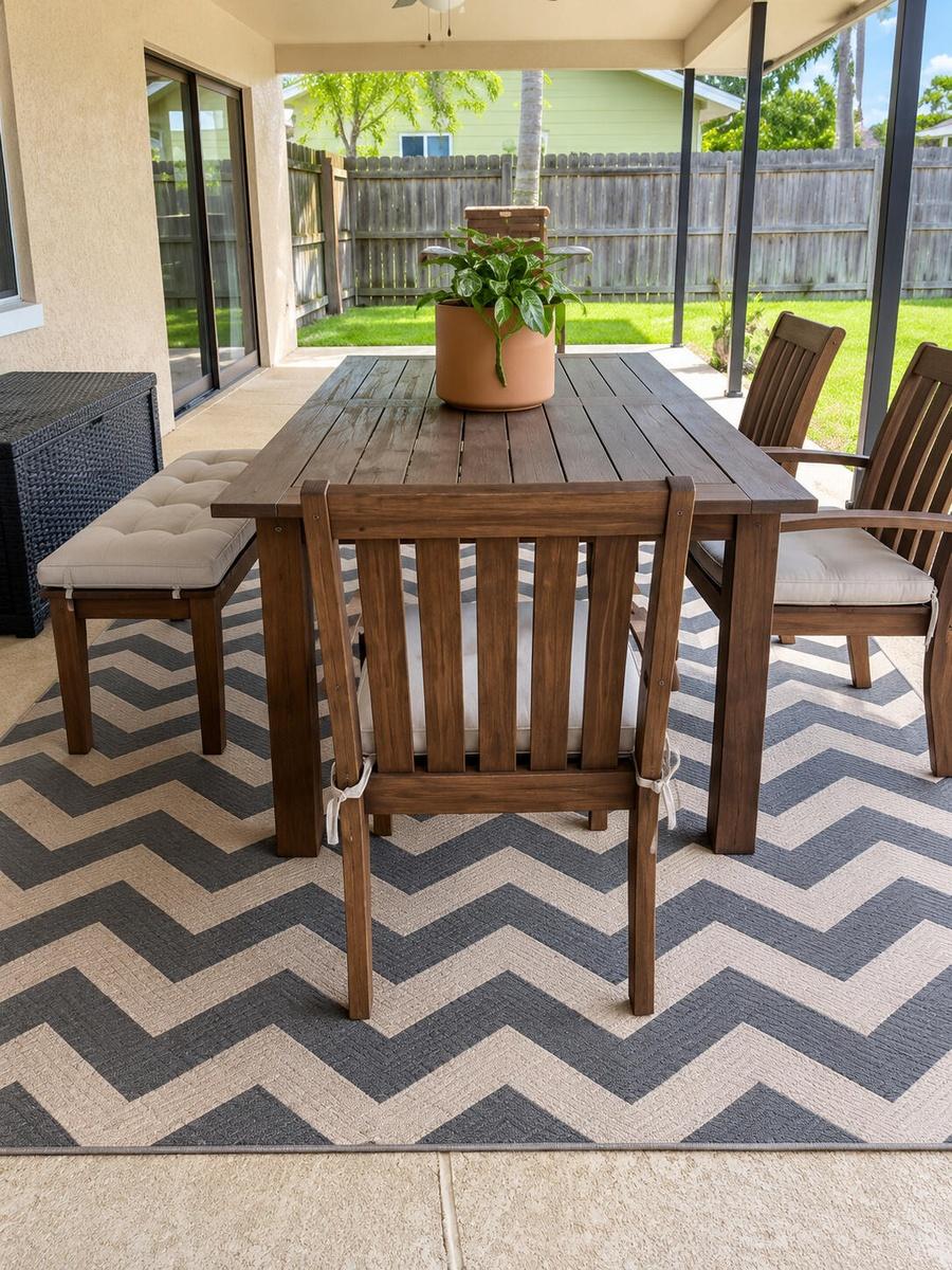 Outdoor dining space on the covered patio overlooking the pool deck