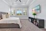 Primary bedroom with tray ceiling, ceiling fan, and plantation shutters.