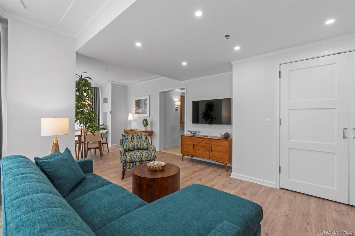 Living area with light wood-style flooring, ornamental molding, baseboards, and recessed lighting