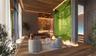 Interior space featuring natural wood-finish flooring, wood-paneled ceiling, a prominent living wall with preserved greenery, concrete structural elem