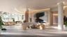 Expansive lobby featuring a curved architectural ceiling, floor-to-ceiling windows, structural columns, built-in vertical slat partition, and tile flo