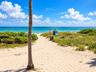 Sandy path lined with native coastal vegetation leading directly to the ocean shoreline