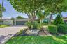 Paver driveway and lush tropical landscaping with mature trees and shrubs
