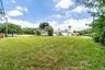 Expansive grass lot featuring mature palm trees, established landscaping, and perimeter fencing